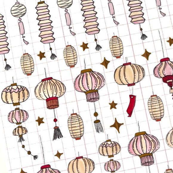 ✨handmade by me✨Chinese pink gold red lanterns planner stickers decorative bujo - Picture 4 of 8